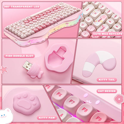 Teclado Mecânico Sem Fio Rosa YUNZII C75, Teclado RGB Hotswap Cremoso 75%, Suporte Gasket Design Cute Cake para Win/Mac/Gaming
