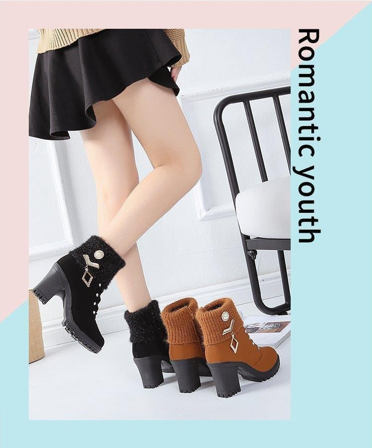 Women's Designer High Heels Shoes 2023 Winter New Warm Non-slip Block Cow Suede Warm Snow Boots Fashion Crystal Plush Goth Botas