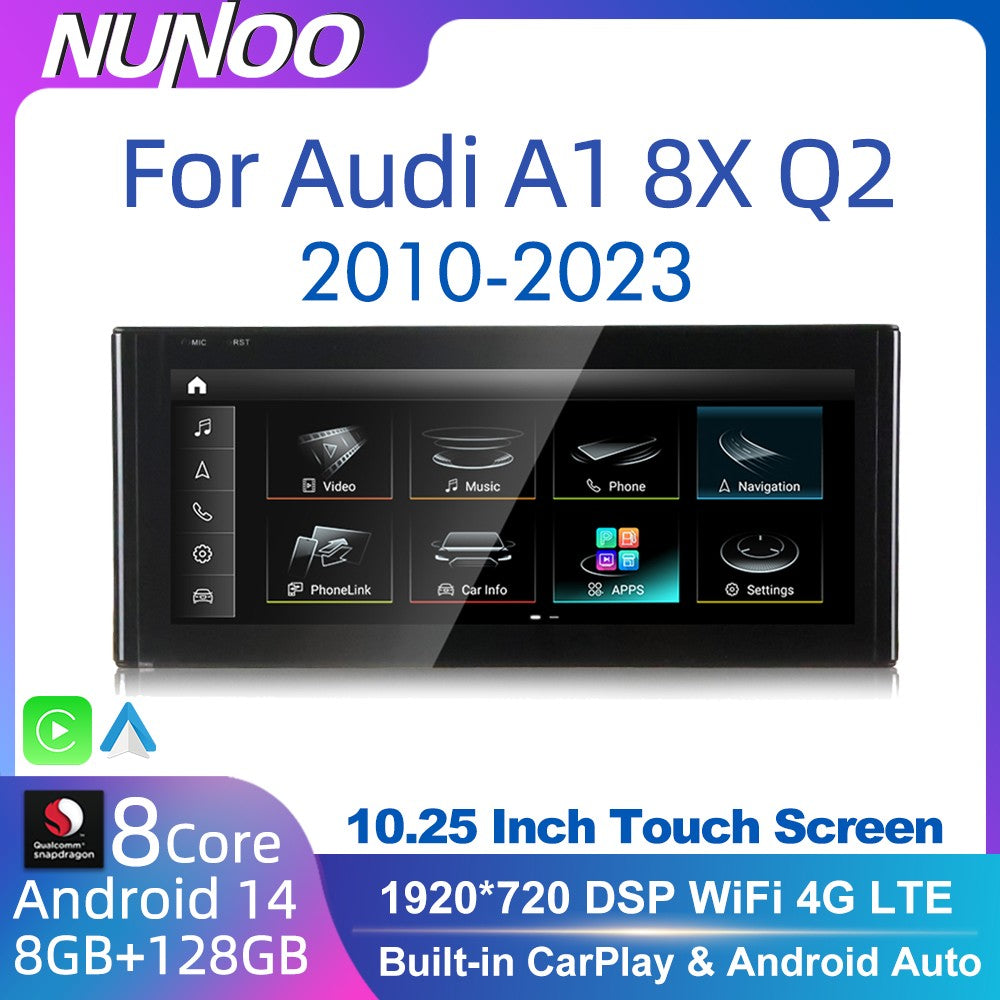 Android 14 Auto Rádio CarPlay Para Audi A1 Q2 2010-2023 GPS Carro Multimedia Player Navi Estéreo DSP WIFI SIM BT Tela de Toque IPS