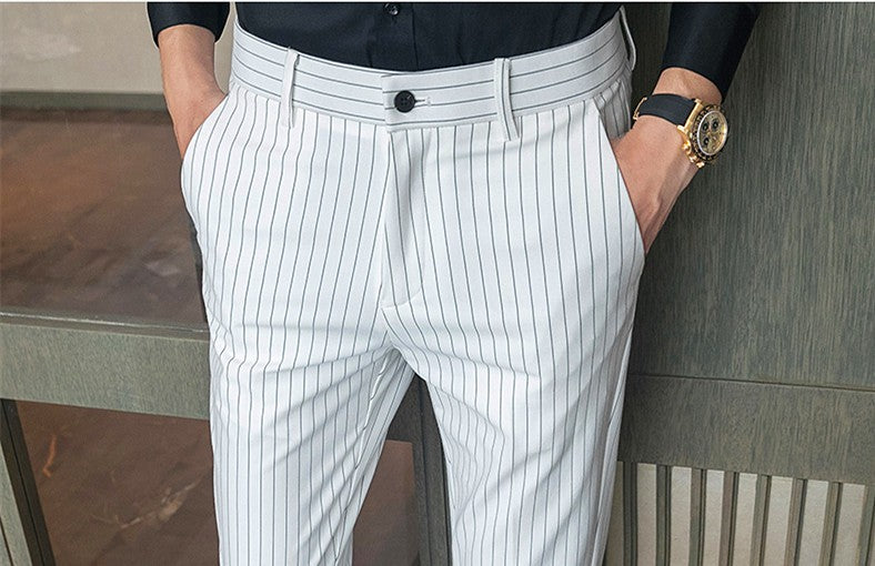 White Vertical Stripes Suit Pants Men, Blue Black Trousers, Fashion Slim Men's Pant Business Pantalones Hombre Autumn New Slacks