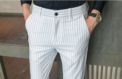 White Vertical Stripes Suit Pants Men, Blue Black Trousers, Fashion Slim Men's Pant Business Pantalones Hombre Autumn New Slacks