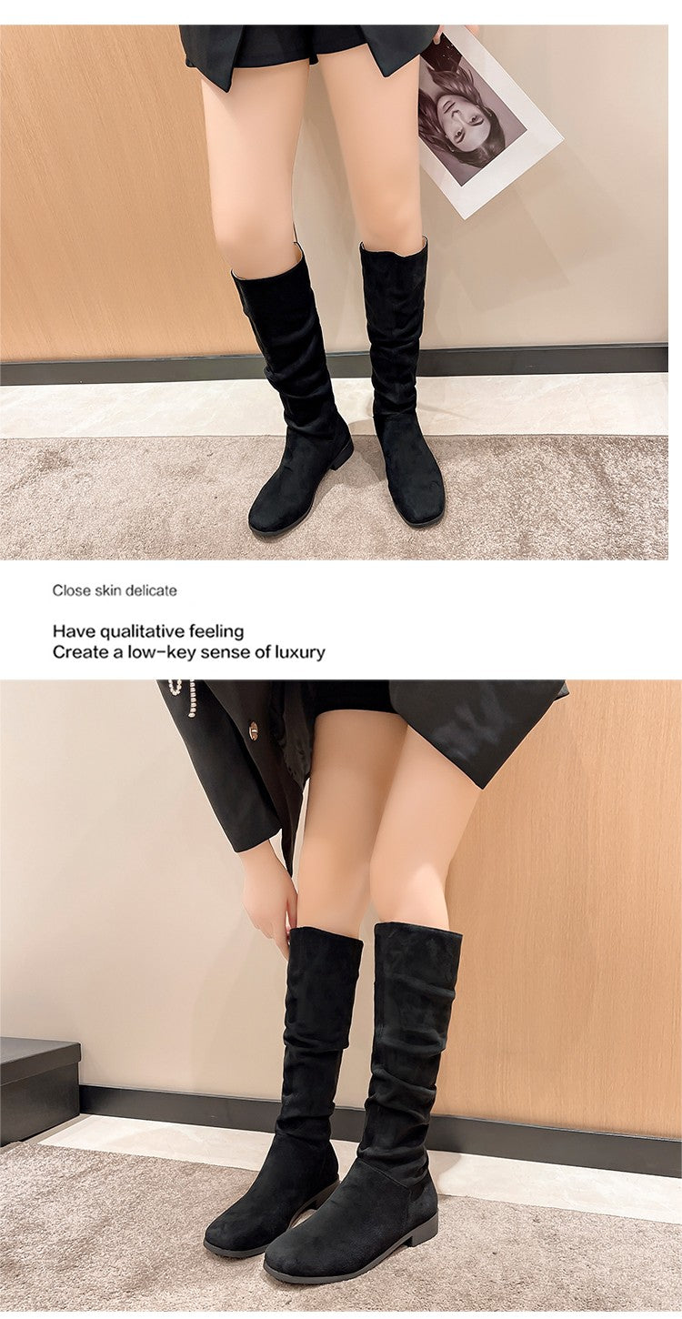 Pleated Boots Women Faux Suede Flock Knee High Boots 2024 Winter Women Fashion Slip on Square Low Heel Knight Booties Mujer 202