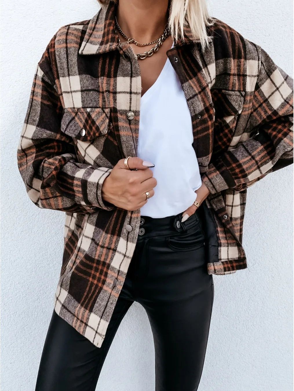 Warm Plaid Long Sleeve Shirt Jacket Autumn Winter Women's Polo Collar Patchwork Decorative Button Detailing Chinese Origin