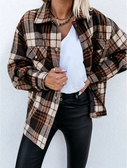 Warm Plaid Long Sleeve Shirt Jacket Autumn Winter Women's Polo Collar Patchwork Decorative Button Detailing Chinese Origin