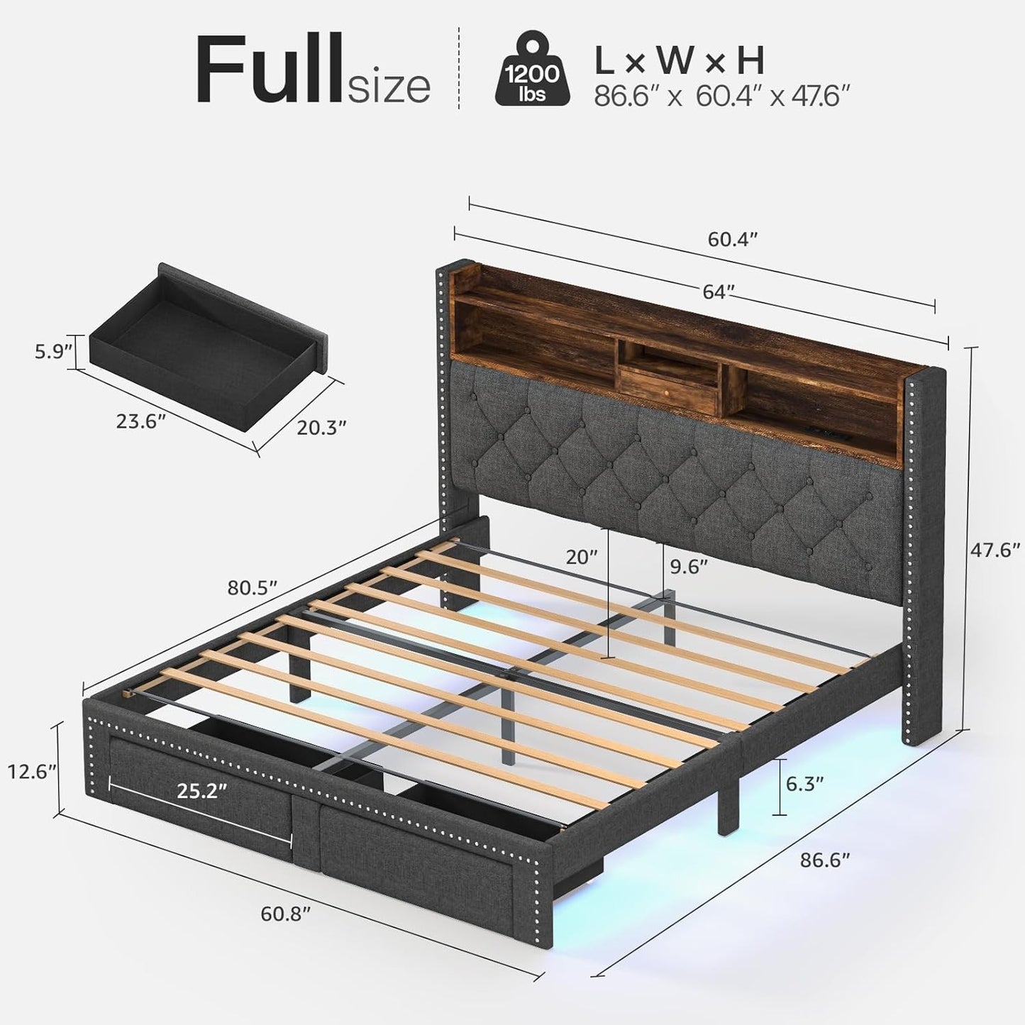 Linen Full Size Bed Frame with 2-Tier Storage Headboard and Charging Station, Upholstered Platform Bed Frames with 2 Sto