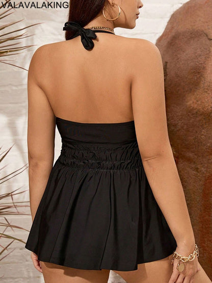 2025 Solid Halter 2 Piece Plus Size Tankini Set Women Push Up Large Dress Swimsuit Chubby Curvy Swimwear Lady Beach Bathing Suit