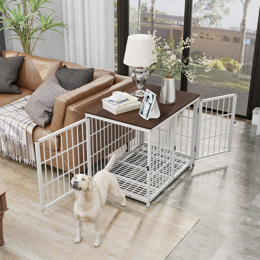Caixa de Madeira Grande para Cães, Estilo Móvel Interno, Gaiola Elevada para Cães de Estimação, Canil, Mesa de Apoio, Cercado com Treliça, 3 Portas, Bandeja Removível