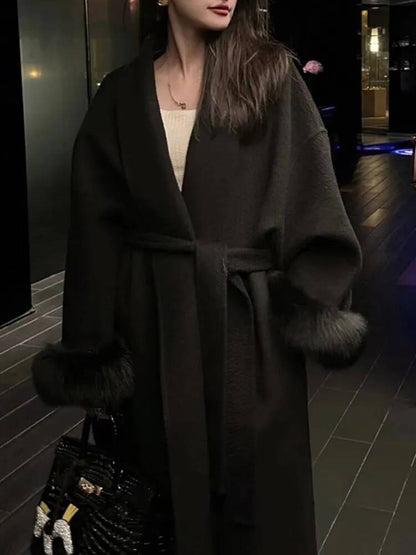 [EWQ] Wool Fox Fur Sleeve Women Coat Elegant Clothing Autumn 2025 Winter Double-sided Jacket Big Size Wine Red Overcoats 16O2751