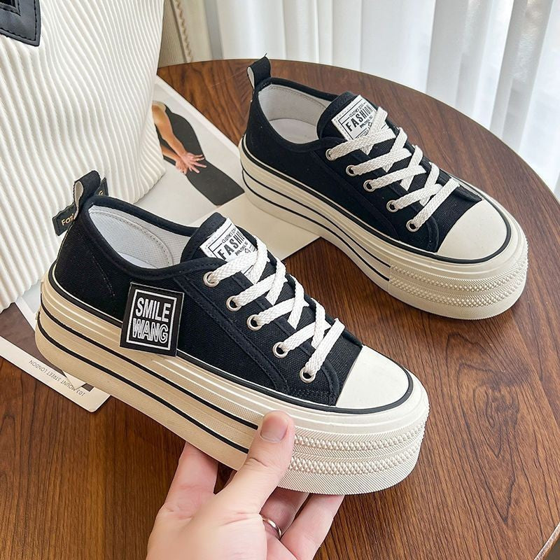 2024 New Women's Black Platform Canvas Sneakers Lace-up Comfortable Shoes Fashion Outdoor Multi-functional Sports Canvas Shoes