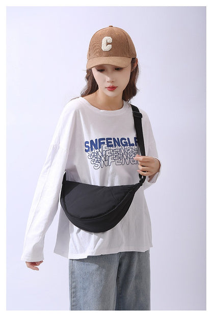 Solid Color Women's Portable Shoulder Bag Simple Female Nylon Cloth Padded Crossbody Bags Travel Purse Handbags Messenger Bag