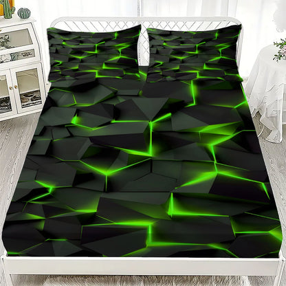 3pcs Fitted Sheet Set Visual Geometry Dizziness Print 100% Polyester Breathable Bedding Set for Home Decor with 2 Pillowcases