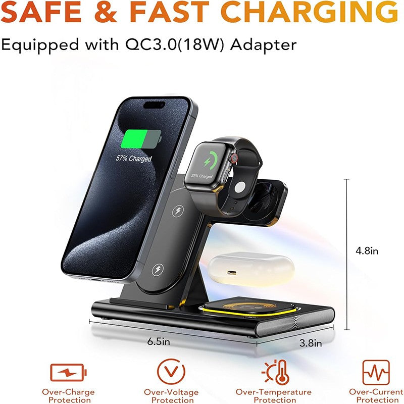 Carregador Sem Fio Dobrável 3 Em 1 De 300W Suporte Pad Estação De Carregamento Rápido De Mesa Para iPhone 16 15 14 13 Samsung Apple Watch Airpods
