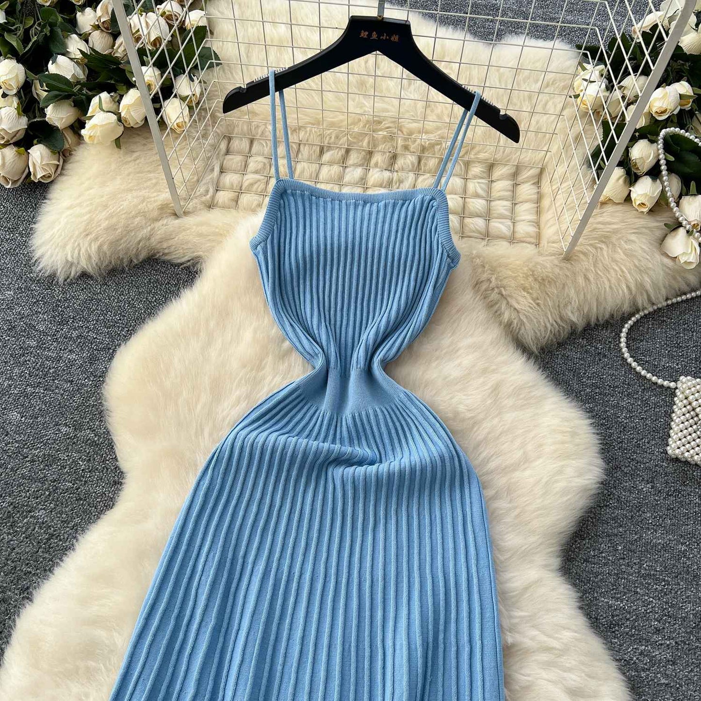 Knitted Pleated Long Dress High Waist Midi Sling Dress Elegant Sleeveless Yellow