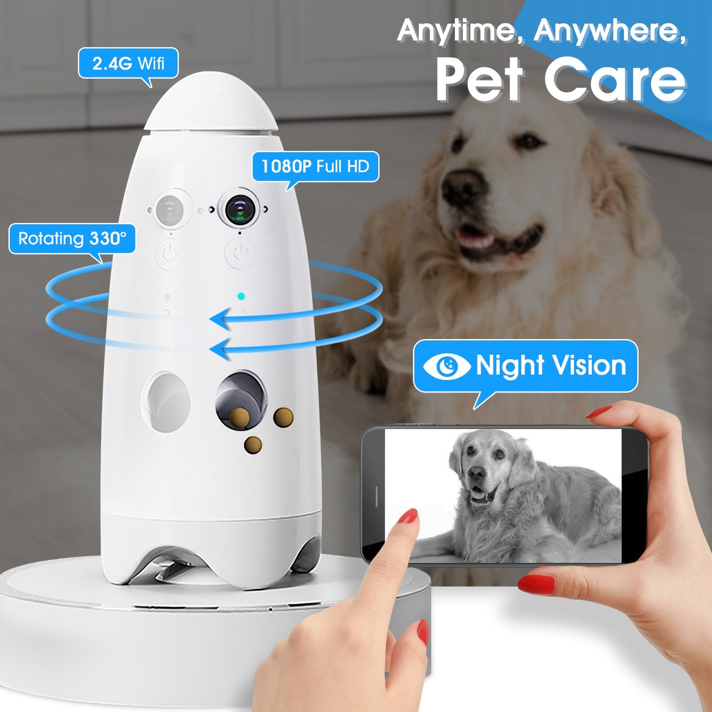 Câmera Inteligente 1080p Pequena para Cães com Dispensador de Petiscos, Visão 180°, Câmera para Cães com Arremesso de Petiscos com App para Celular, Áudio Bidirecional Android e iOS