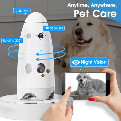 Câmera Inteligente 1080p Pequena para Cães com Dispensador de Petiscos, Visão 180°, Câmera para Cães com Arremesso de Petiscos com App para Celular, Áudio Bidirecional Android e iOS