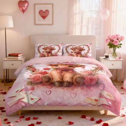 3pcs Pink Romantic Valentine's Day Highland Cow Print Coreless Bedding Set Multi Size Bedding Decoration Machine Washable