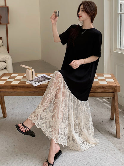 NYFS plus Size Women's Lave Patchwork Dress Summer 2025 Loose Long Dresses Robe Elbise Short Sleeve Korean Style Floral Hem