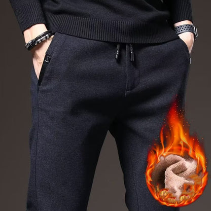 Autumn Winter Men Thermal Office Pants Straight Narrow Leg Classic Casual Pants Drawstring Tie Up Design Thicken Fleece Trousers