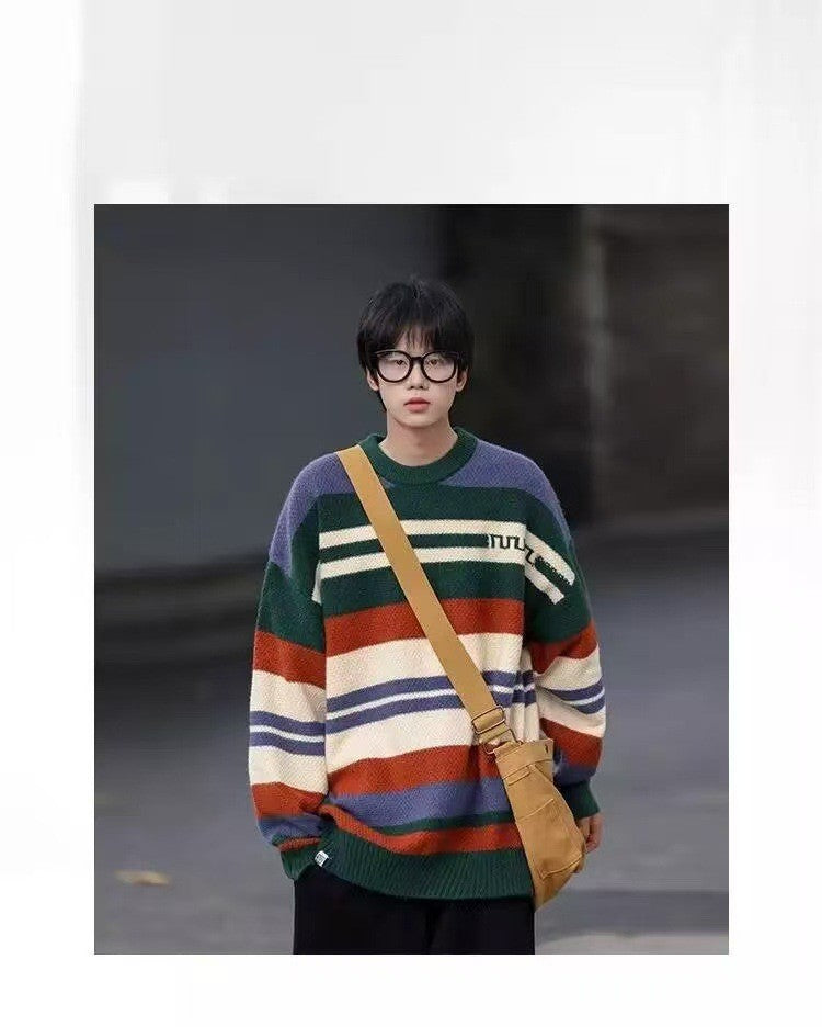 Simple Versatile Trendy Men's Crew Neck Sweater Contrasting Stripes Casual Loose Neutral Style Pullover