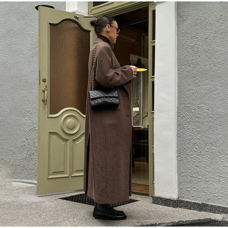 Women Shoulder Pad Wool Long Coats Fashion Lapel Single-breasted Long Sleeve Coat Chic 2025 Autumn Lady Commute Street Outerwear