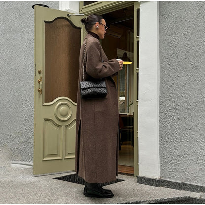 Women Shoulder Pad Wool Long Coats Fashion Lapel Single-breasted Long Sleeve Coat Chic 2025 Autumn Lady Commute Street Outerwear