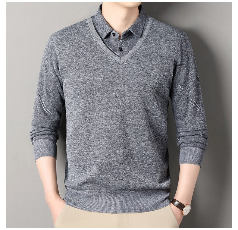 Men's Fleece Lining Sweater Autumn Winter Pullover Polo Shirt Collar Fake Two Piece Thick Warm Top Clothes Casual Knitwear