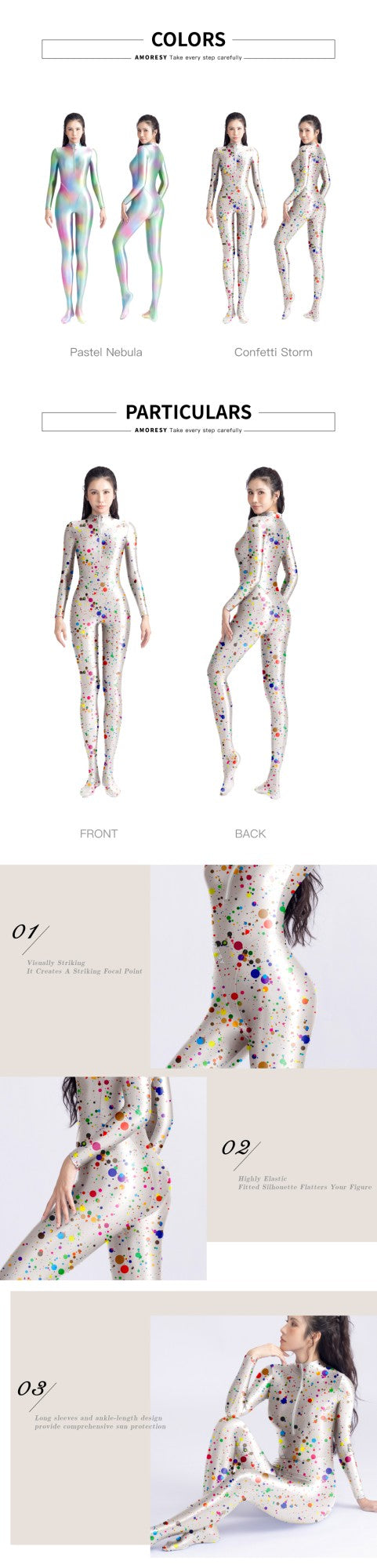 AMORESY Satin Glossy tights colourful Glossy bodysuit Silk Smooth Long sleeved zipper full body suit