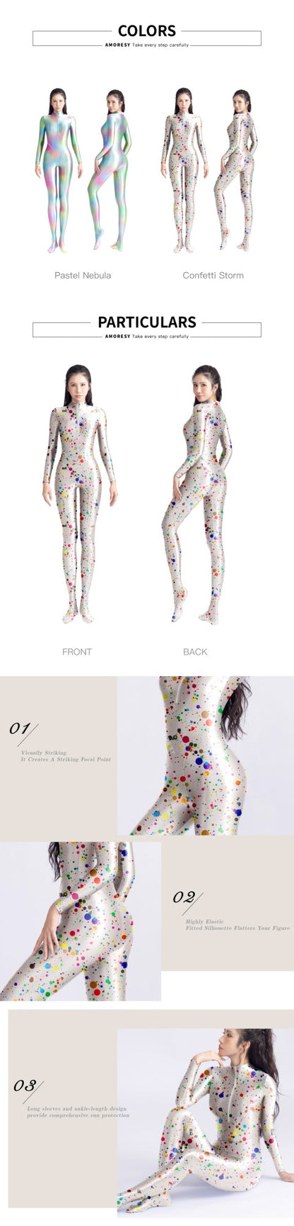 AMORESY Satin Glossy tights colourful Glossy bodysuit Silk Smooth Long sleeved zipper full body suit