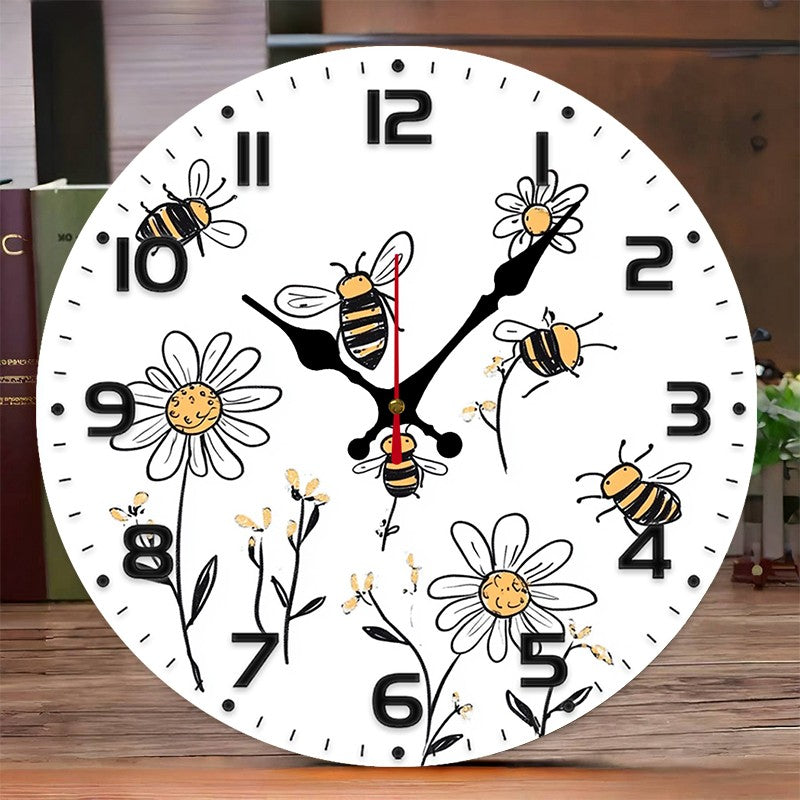 Bee And Daisy Wooden Round Silent Hanging Wall Clock, Suitable For Living Room, Office, Study Room, Bedroom, Home Decoration
