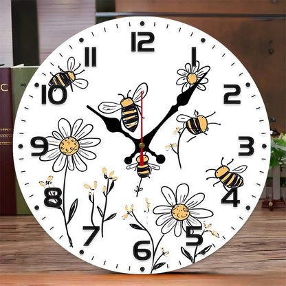 Bee And Daisy Wooden Round Silent Hanging Wall Clock, Suitable For Living Room, Office, Study Room, Bedroom, Home Decoration