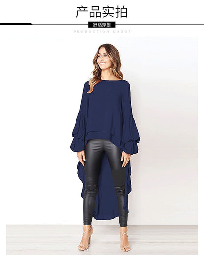 Elegant Solid Color Chiffon Shirts Women O Neck Lantern Sleeves Irregular Long Blouses Tops Temperament Lady Commuting Clothing