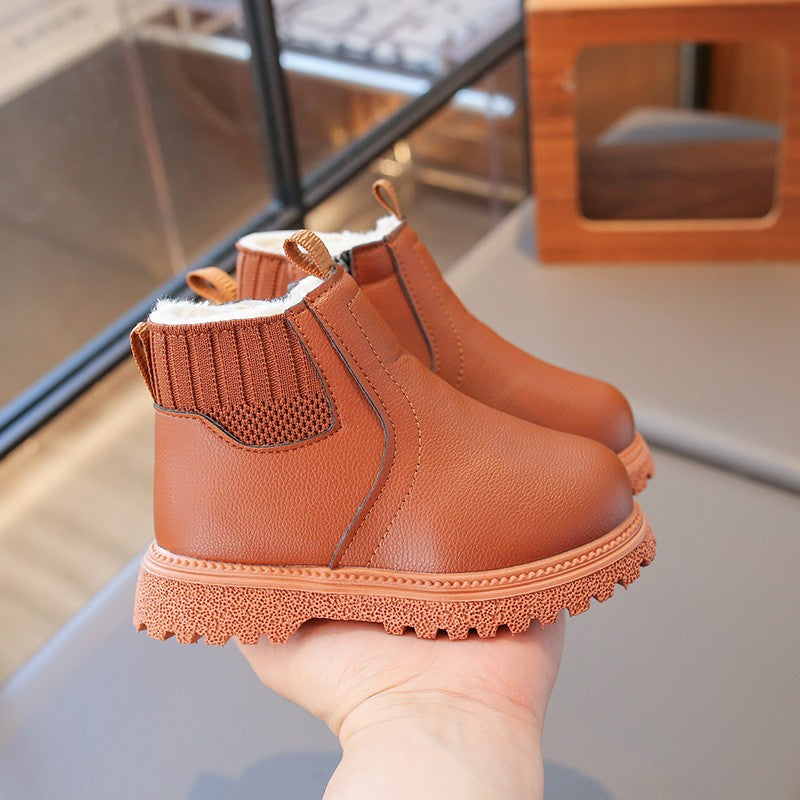 21-30 Kids Ankle Boots for Little Boys Girls Thermal Snow Boots Fashion PU Leather Children Short Rubber Boots with Thick Plush