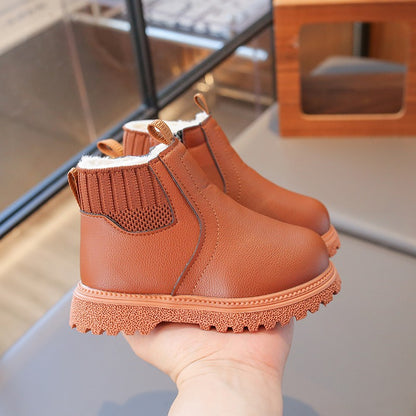 21-30 Kids Ankle Boots for Little Boys Girls Thermal Snow Boots Fashion PU Leather Children Short Rubber Boots with Thick Plush