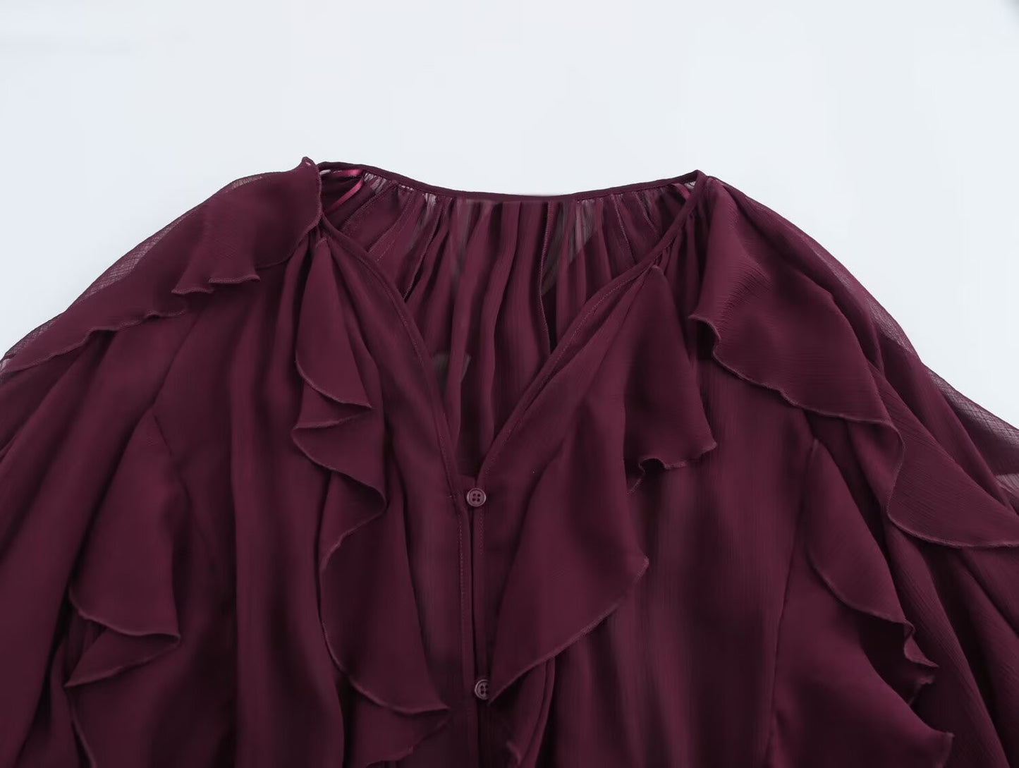 2025 Summer Chic Women's Elegant Loose Long Sleeve Layered Shirts Office Lady Vintage V-neck Translucent Tierred Ruffles Blouses