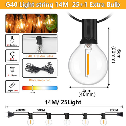 Outdoor LED Waterproof G40 String Light EU Plug Shatterproof Light Bulb Garden Fairy String Lights for Patio Festoon Party Decor