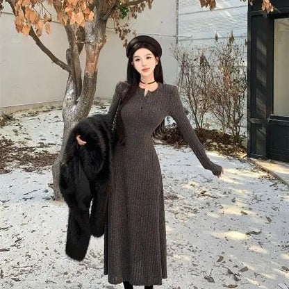 Long Sleeve Dresses Women Solid Slim Basic Mid-length All-match Elegant Autumn Winter Vestidos Female Defined Waist Knitting New