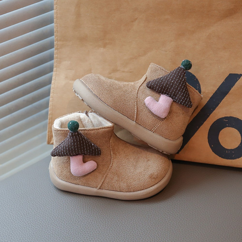 Christmas Children's Snow Boots PU Leather Vintage Girl's Plush Boots Anti-slippery Kid's Warm Padded Boots Cotton Shoes