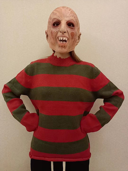 Freddy Cosplay Costume Adult Sweater Red Striped Knitting Top Coat Hat Fnaf Mask Halloween Carnival Party Costume for Men