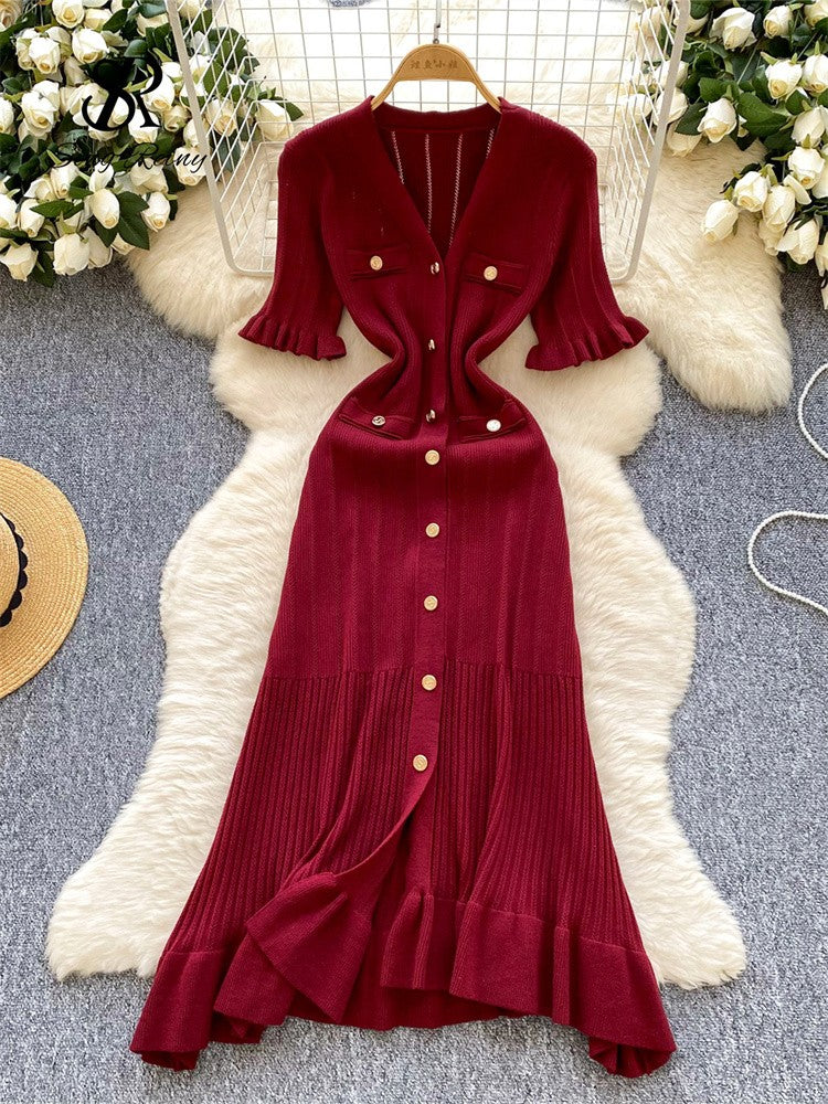 SINGREINY Summer OL Knit Dress 2025 Women V Neck Button Design Slim Mermaid Sund