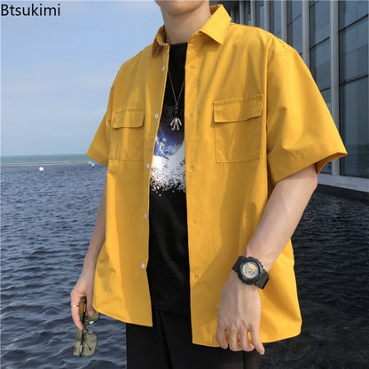 Summer Basic Shirts for Men 2025 New Half Sleeve Cargo Shirts Loose Casual Lapel Cardigan Tops Male Shirt Coats Retro Streetwear