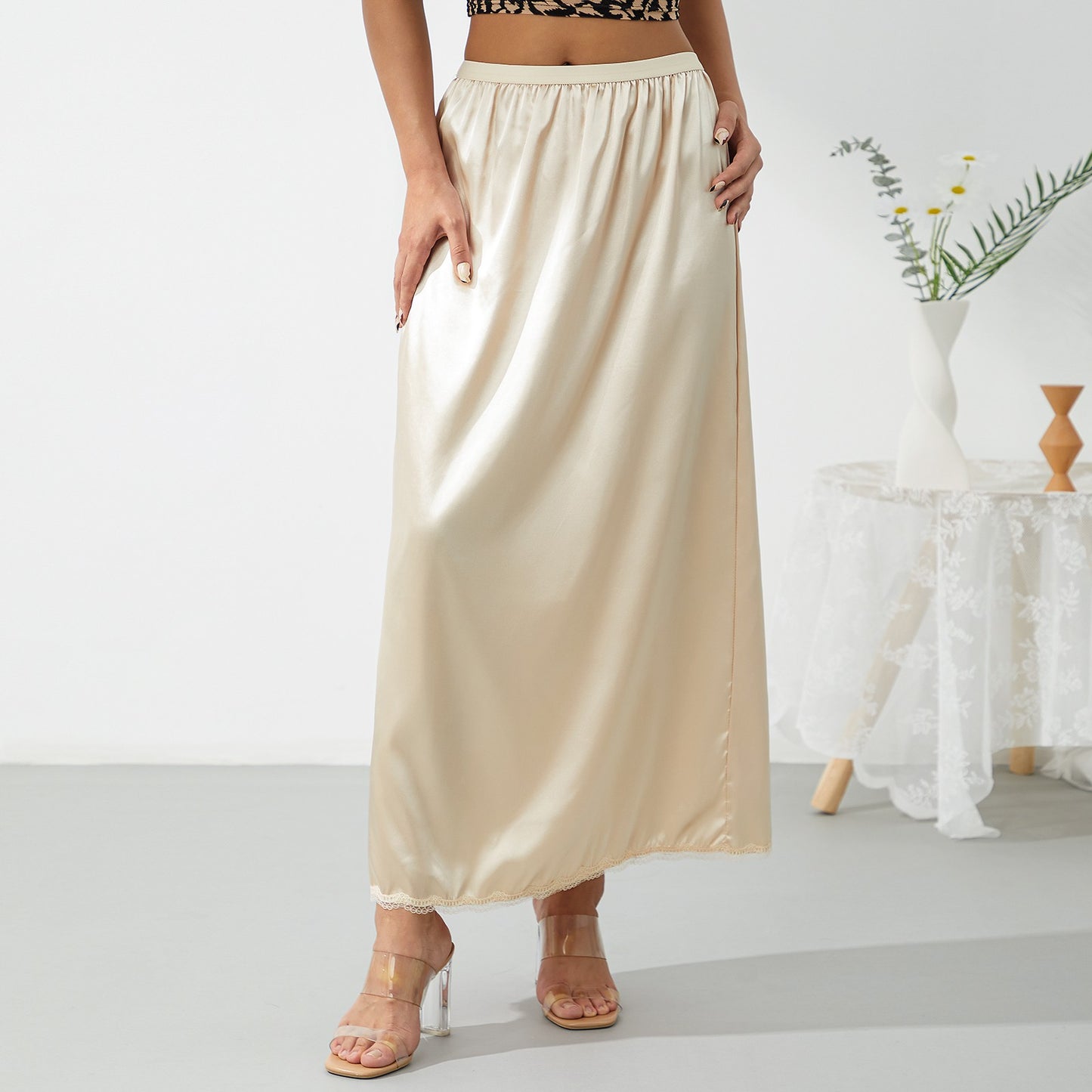 Elastic Waist Inner Lining Midi Skirt Women Solid Color Satin Half Slip Underskirt Long Underskirt for Ladies White/Black/Yellow