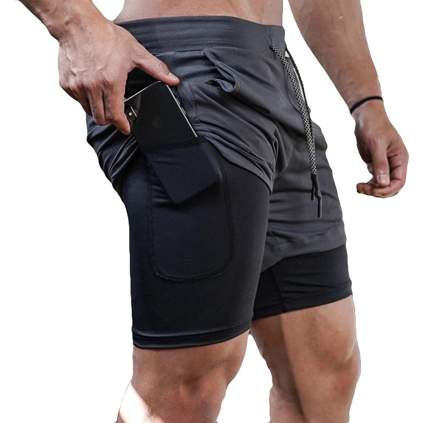 Men's Double Layer Fitness Shorts Drawstring Mesh Lining Elastic Waist Breathable Quick Dry to Beach Pool Summer Male