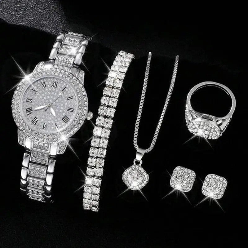 Full Diamond Roman Literal Steel Strip Watch with Starry Charm Business Quartz Watch Set
