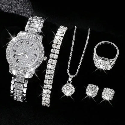 Full Diamond Roman Literal Steel Strip Watch with Starry Charm Business Quartz Watch Set