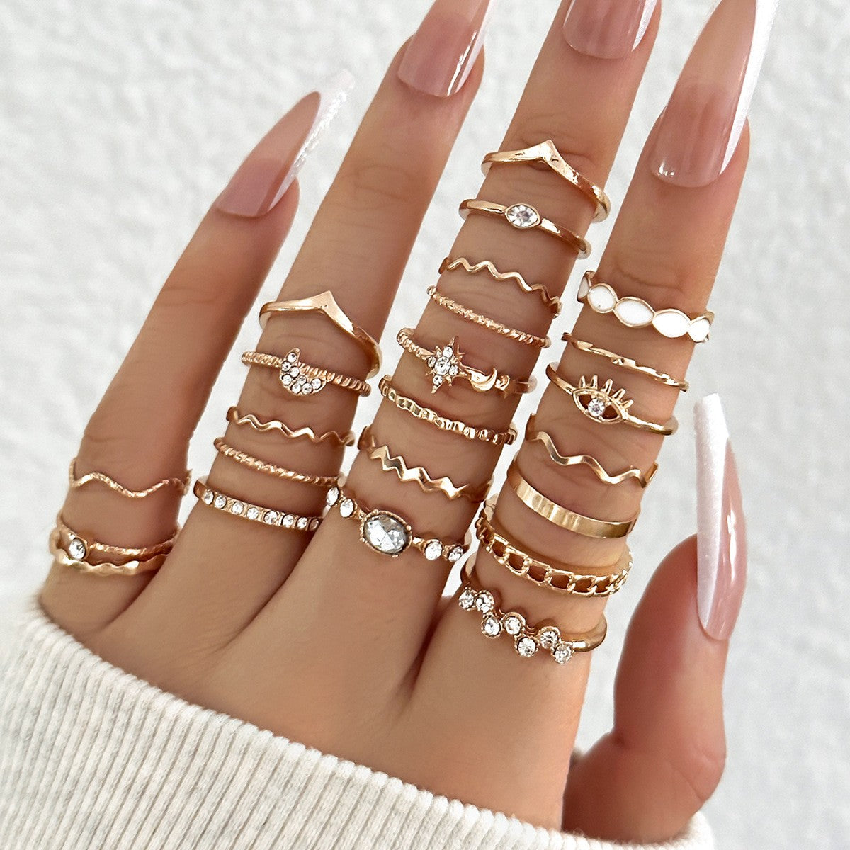 Conjunto de 23 Anéis de Nudilho da Moda para Mulheres com Cristal Estrela Lua Olho Onda Cor Ouro Prata Anéis Femininos Jóias da Moda para Festa Presente