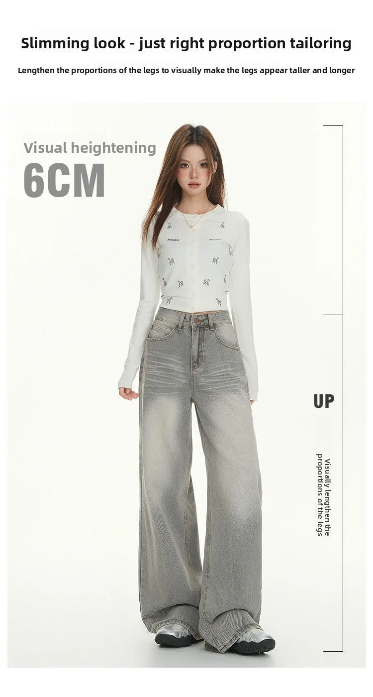 Gray American High Street Wide Leg Jeans Women Loose Drapey Slim Straight Floor-Length Pants High Waist Button Decoration