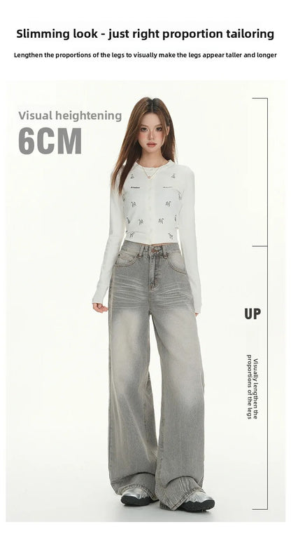 Gray American High Street Wide Leg Jeans Women Loose Drapey Slim Straight Floor-Length Pants High Waist Button Decoration