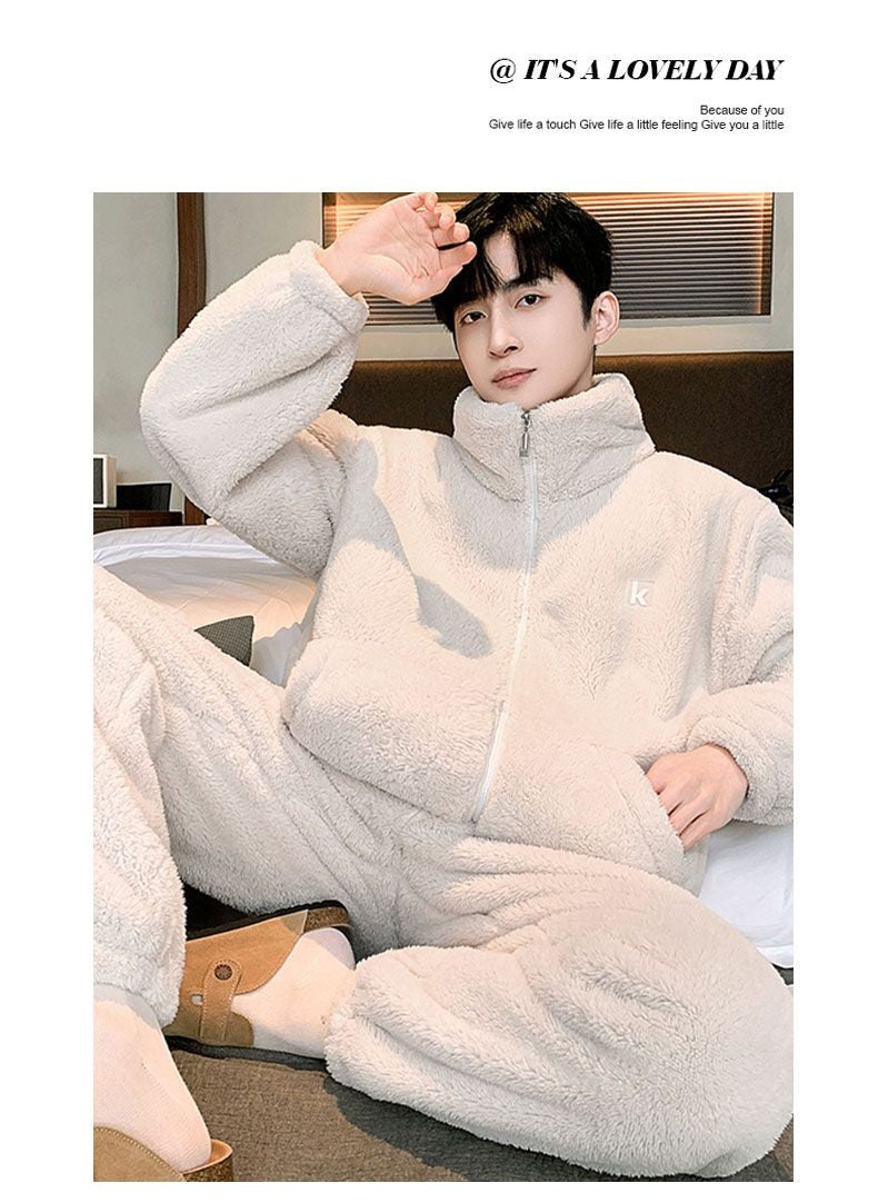 New Men's High Neck Large Size Loose Plush Loungewear Autumn and Winter Thick Warm Flannel Pajamas Can Worn Outside Coral Fleece