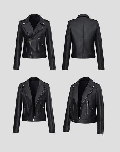 Women's Short-Length Black Leather Jacket for Fall, Fashionable Casual PU Jackets, Sizes: S M L XL.
