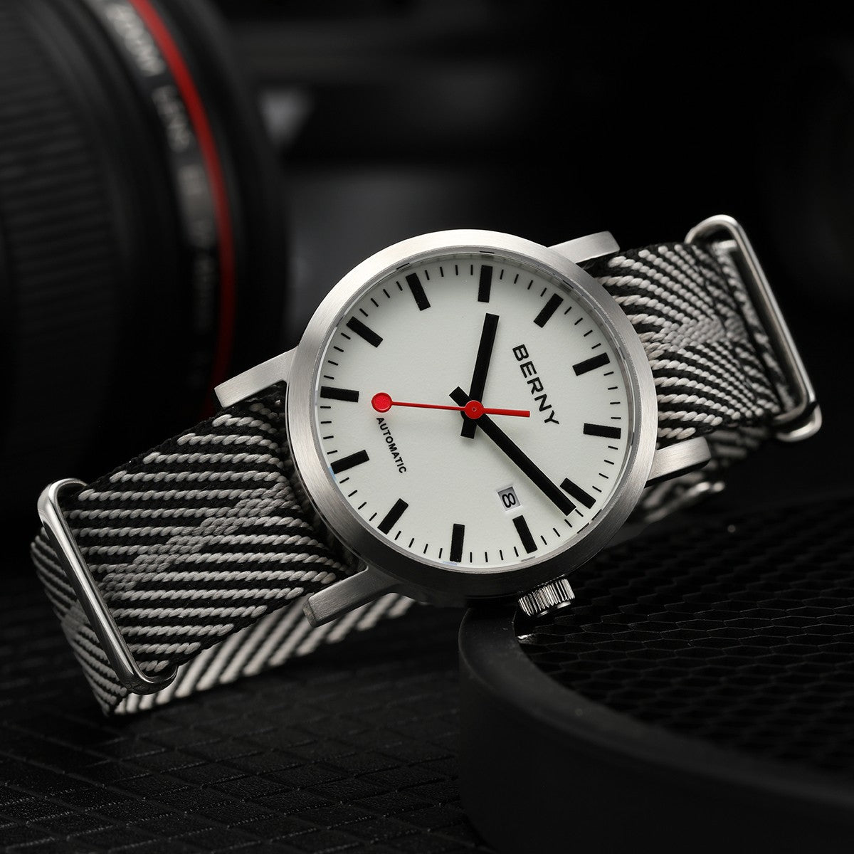 BERNY Automatic Watch Men 40mm Luminous Railway Time Dial MIYOTA 8215 Nylon Strap Sapphire 50M Waterproof Men's Mechanical Watch